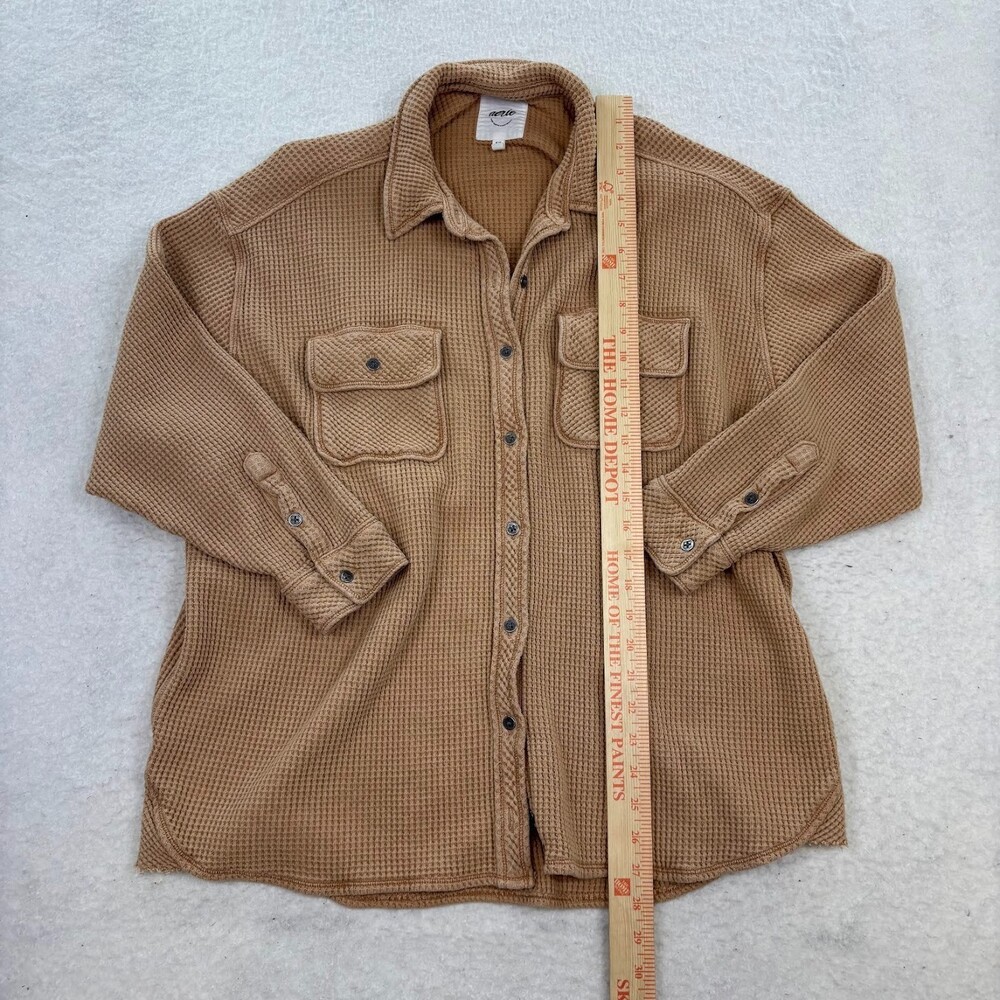 Aerie LumberJane Waffle Shirt in Cappuccino Tan Button Up Oversized Relaxed Sz S - Picture 4 of 8